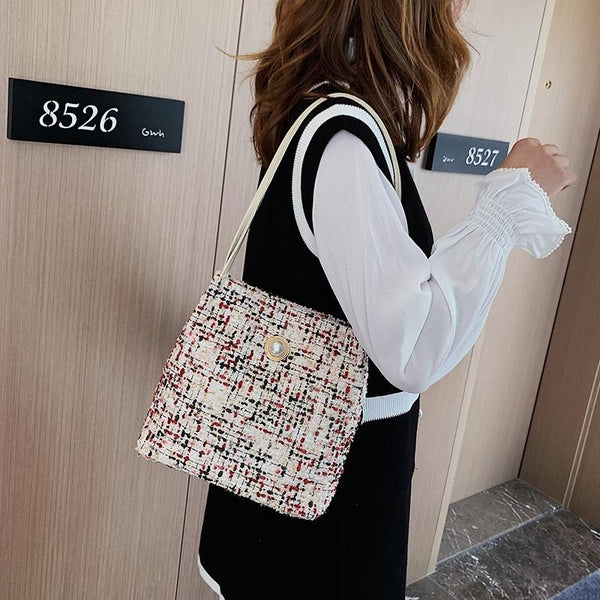 Woollen Knit Look Fabric Shoulder Bucket Bag Handbag Black Red