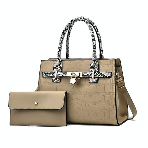 2 Pce Faux Crocodile PU Leather Tote Shoulder Clutch Bag Handbag Khaki