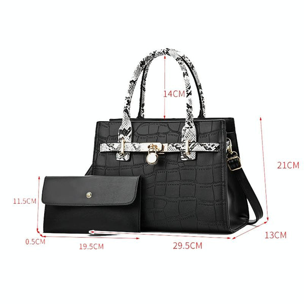 2 Pce Faux Crocodile PU Leather Tote Shoulder Clutch Bag Handbag Khaki