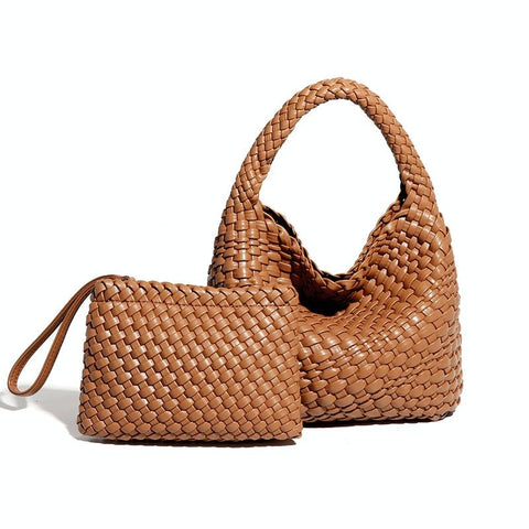 Woven Mini PU Leather Crossbody Shoulder Clutch Bag Handbag Set Brown