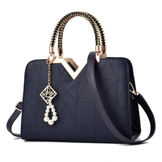 Faux PU Leather Crossbody Shoulder Bag Handbag V Top Faux Pearl Charm Dark Blue