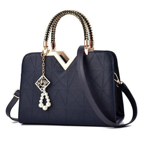Faux PU Leather Crossbody Shoulder Bag Handbag V Top Faux Pearl Charm Dark Blue