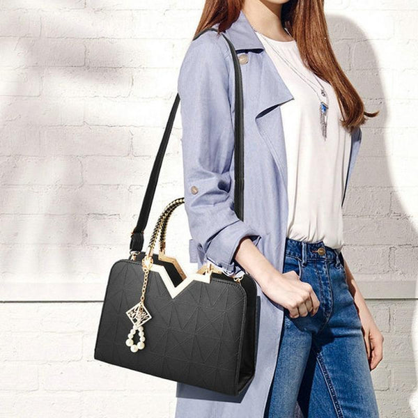 Faux PU Leather Crossbody Shoulder Bag Handbag V Top Faux Pearl Charm Dark Blue