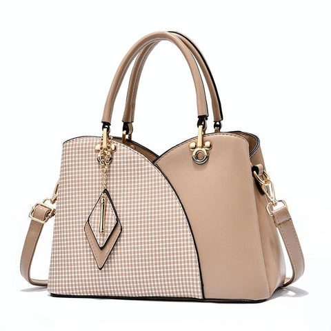 Faux PU Leather Tulip Top Checked Bucket Shoulder Bag Handbag Khaki