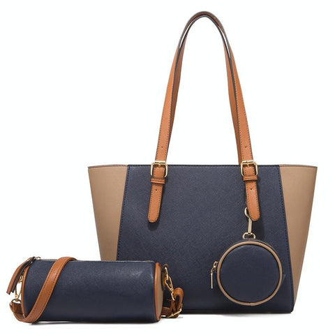 3 Pce Faux PU Leather Tote Shoulder Crossbody Bag Coin Purse Navy Blue Brown