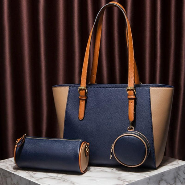3 Pce Faux PU Leather Tote Shoulder Crossbody Bag Coin Purse Navy Blue Brown