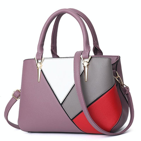 Womens Colourblock Faux PU Leather Tote Shoulder Bag Handbag Purple