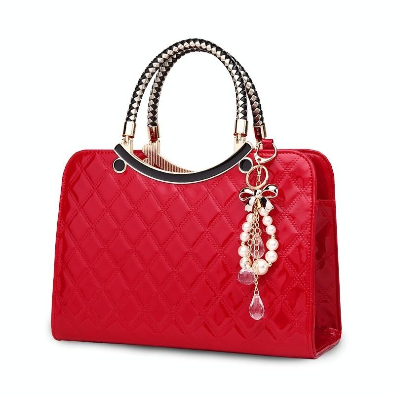 Diamond Quilted Pattern Faux PU Leather Handbag Ornament Charm Gold Trim Red
