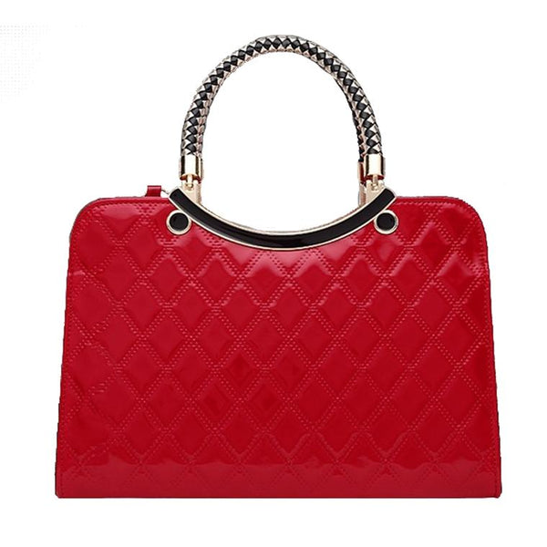 Diamond Quilted Pattern Faux PU Leather Handbag Ornament Charm Gold Trim Red