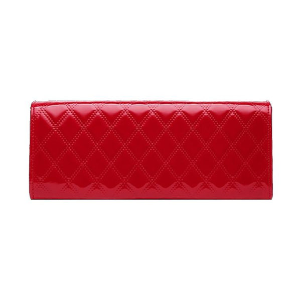 Diamond Quilted Pattern Faux PU Leather Handbag Ornament Charm Gold Trim Red