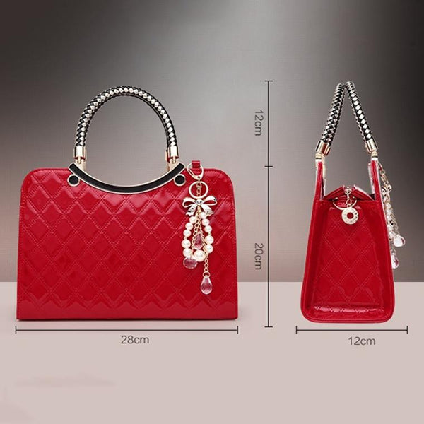 Diamond Quilted Pattern Faux PU Leather Handbag Ornament Charm Gold Trim Red