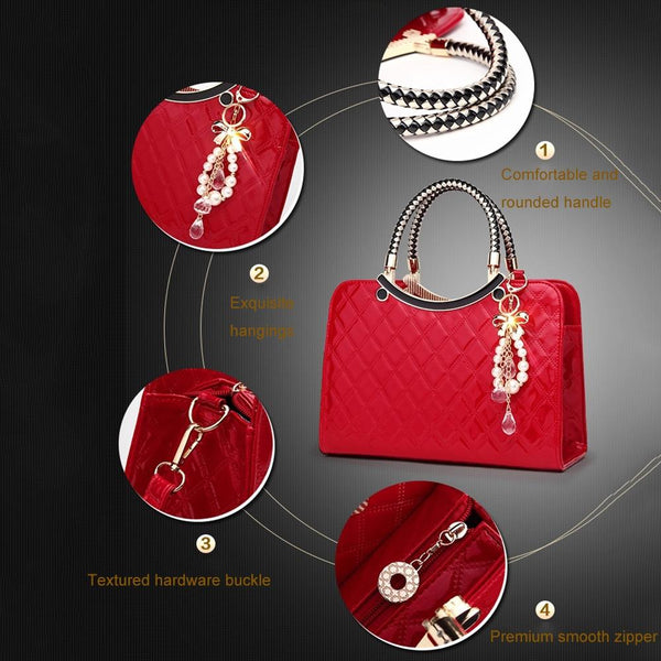 Diamond Quilted Pattern Faux PU Leather Handbag Ornament Charm Gold Trim Red