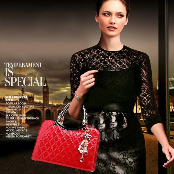 Diamond Quilted Pattern Faux PU Leather Handbag Ornament Charm Gold Trim Red