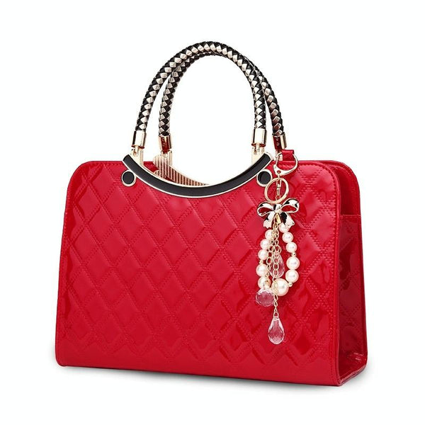 Diamond Quilted Pattern Faux PU Leather Handbag Ornament Charm Gold Trim Red