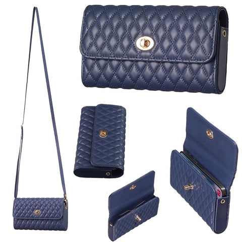 Faux PU Leather Quilted Crossbody Shoulder Clutch Bag Mobile Dark Blue