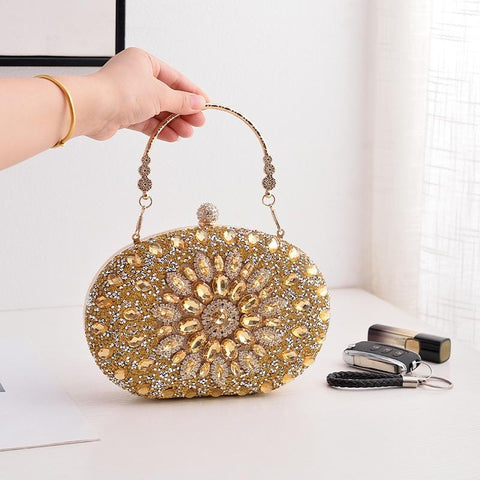 Beaded Diamond Sunflower Evening Party Clutch Handbag Bag Gold