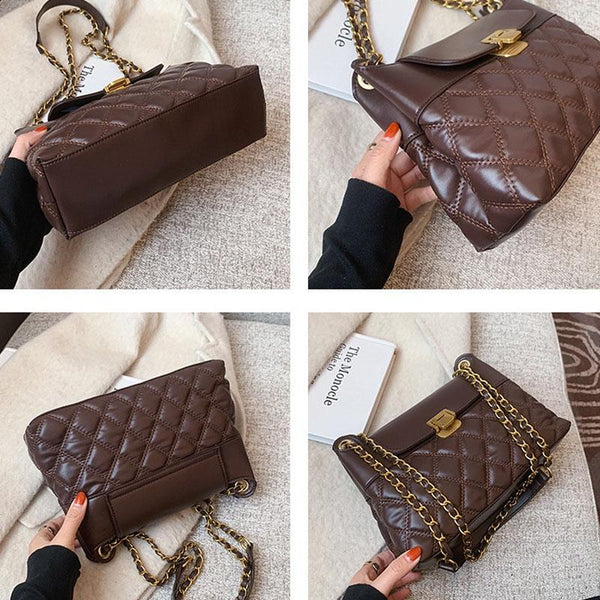 Faux PU Leather Rhombic Crossbody Shoulder Bag Chain Strap Black