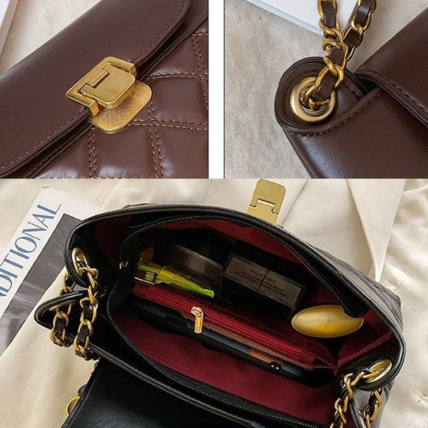 Faux PU Leather Rhombic Crossbody Shoulder Bag Chain Strap Black