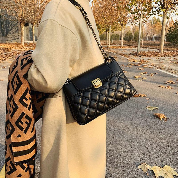 Faux PU Leather Rhombic Crossbody Shoulder Bag Chain Strap Black