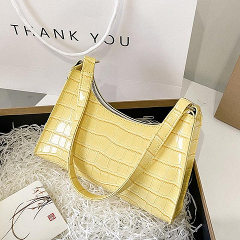 Small Square Stone Pattern PU Leather Underarm Shoulder Bag Handbag Yellow