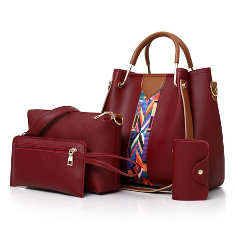 4 Piece PU Leather Tote Shoulder Clutch Bag Handbag Wallet Purse Set Red Wine
