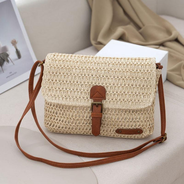 Faux Straw PU Leather Crossbody Shoulder Bag Adjustable Strap Beige