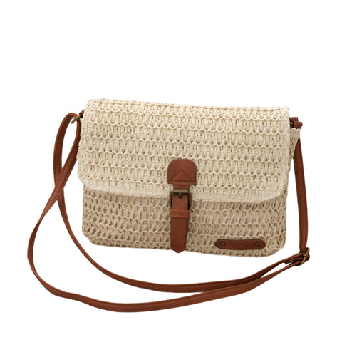 Faux Straw PU Leather Crossbody Shoulder Bag Adjustable Strap Beige