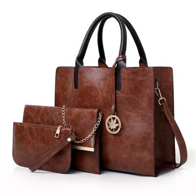 3 Pce Faux PU Leather Tote Crossbody Shoulder Clutch Bag Pouch Brown
