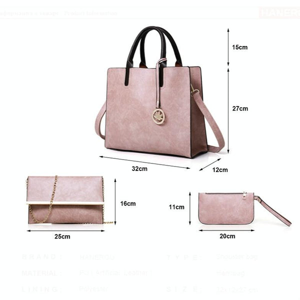 3 Pce Faux PU Leather Tote Crossbody Shoulder Clutch Bag Pouch Brown