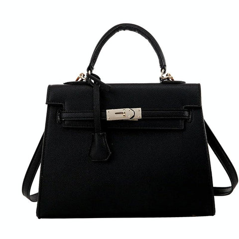 Classic Design Inspired Faux PU Leather Shoulder Bag Handbag Gold Trim Black