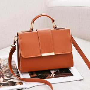 Faux PU Leather Top Handle Flap Shoulder Bag Handbag Gold Accents Brown
