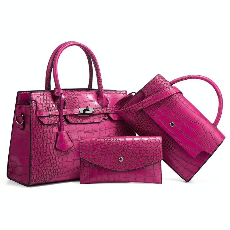 3 Pce Faux PU Crocodile Crossbody Shoulder Tote Purse Bag Set Rose Red