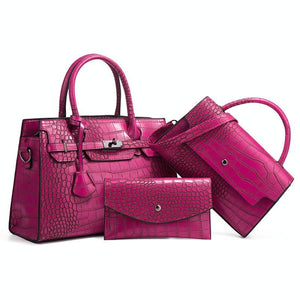 3 Pce Faux PU Crocodile Crossbody Shoulder Tote Purse Bag Set Rose Red