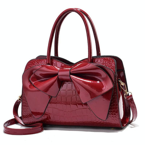 Faux Patent Crocodile PU Leather Womens Shoulder Bag Handbag Bow Design Red Wine