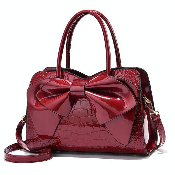 Faux Patent Crocodile PU Leather Womens Shoulder Bag Handbag Bow Design Red Wine