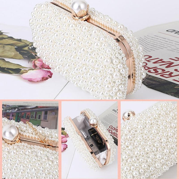 Satin Beaded Faux Pearl Wedding Evening Clutch Crossbody Bag Ivory Cream