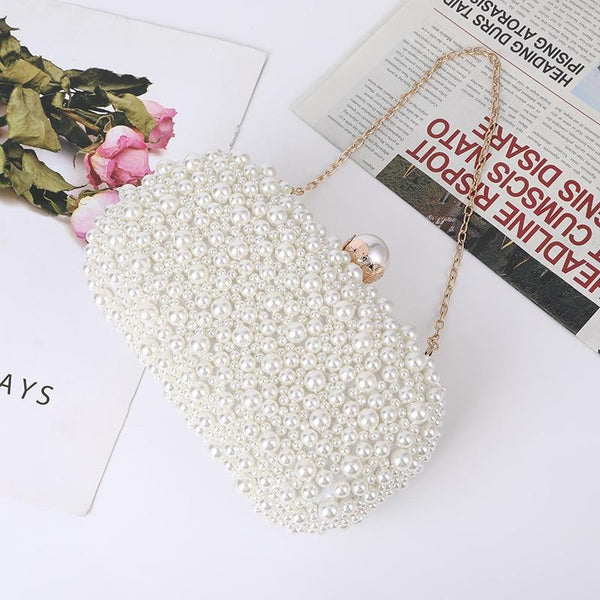Satin Beaded Faux Pearl Wedding Evening Clutch Crossbody Bag Ivory Cream