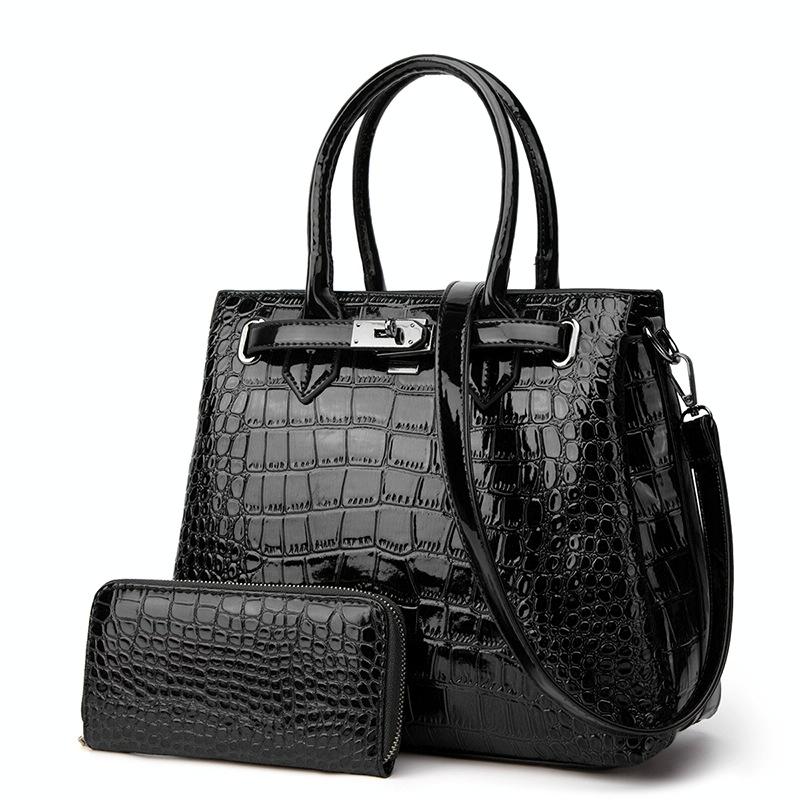 2 Pce Faux Patent Crocodile PU Leather Tote Shoulder Bag Handbag Wallet Black