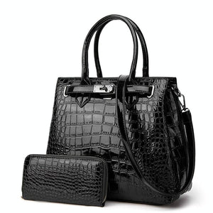 2 Pce Faux Patent Crocodile PU Leather Tote Shoulder Bag Handbag Wallet Black
