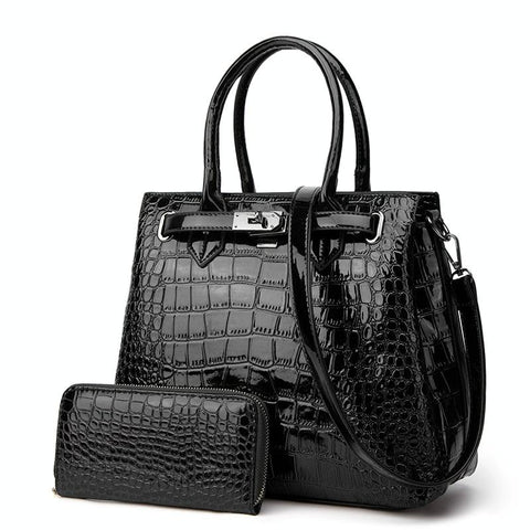 2 Pce Faux Patent Crocodile PU Leather Tote Shoulder Bag Handbag Wallet Black