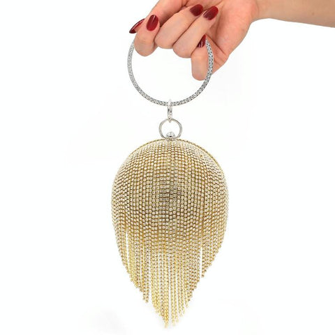 Ball Sphere Rhinestone Crystal Tassel Evening Wedding Party Bag Handbag Gold