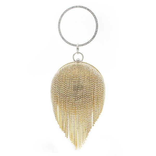 Ball Sphere Rhinestone Crystal Tassel Evening Wedding Party Bag Handbag Gold
