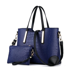 2 Pce Faux Crocodile PU Leather Tote Shoulder Clutch Bag Handbag Set Dark Blue