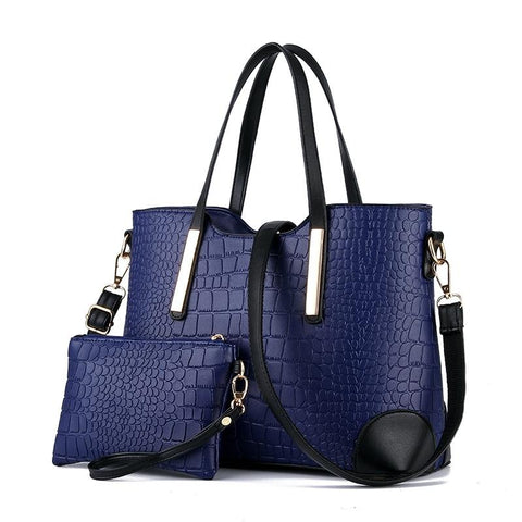 2 Pce Faux Crocodile PU Leather Tote Shoulder Clutch Bag Handbag Set Dark Blue