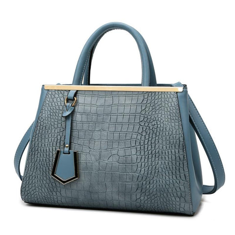 Faux Crocodile PU Leather Tote Shoulder Bag Handbag Multi Pocket Gold Trim Blue