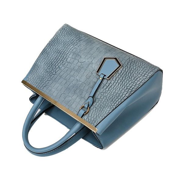 Faux Crocodile PU Leather Tote Shoulder Bag Handbag Multi Pocket Gold Trim Blue