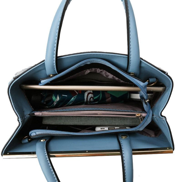 Faux Crocodile PU Leather Tote Shoulder Bag Handbag Multi Pocket Gold Trim Blue