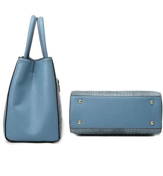 Faux Crocodile PU Leather Tote Shoulder Bag Handbag Multi Pocket Gold Trim Blue