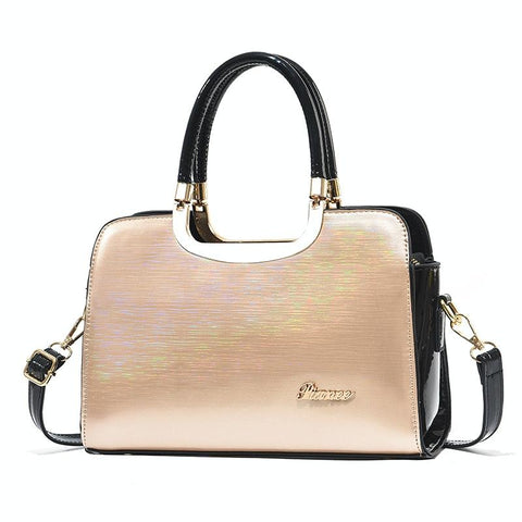 Faux PU Leather Tote Shoulder Bag Handbag Metallic Look Khaki Black