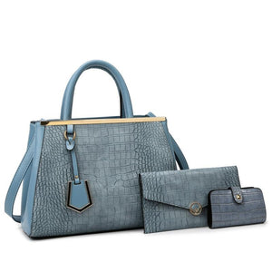 3 Pce Faux Crocodile PU Leather Shoulder Clutch Bag Card Holder Handbag Blue
